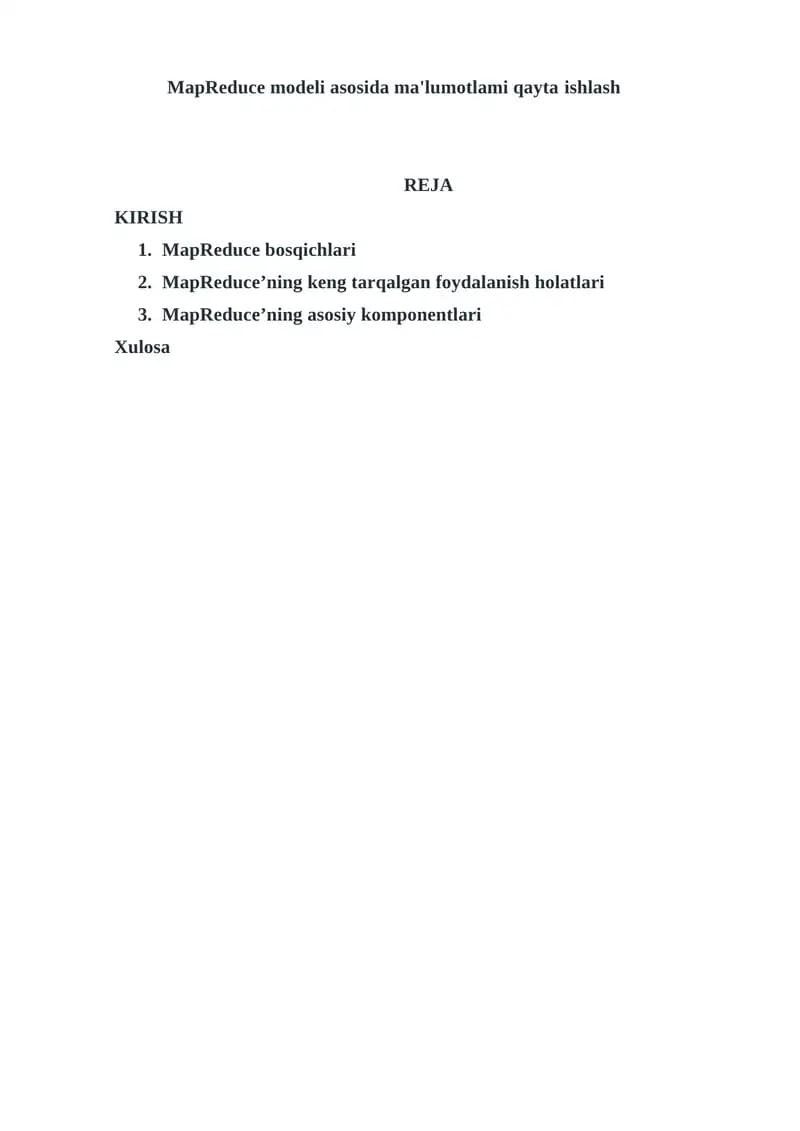 MapReduce modeli asosida ma'lumotlami qayta ishlash