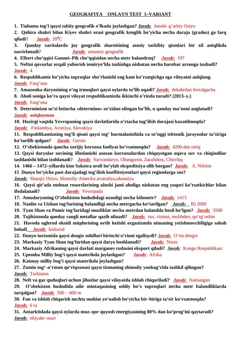 GEOGRAFIYA ONLAYN TEST 1–VARIANT