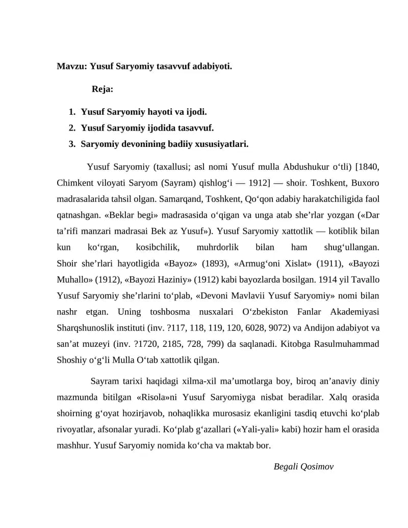Yusuf Saryomiy tasavvuf adabiyoti