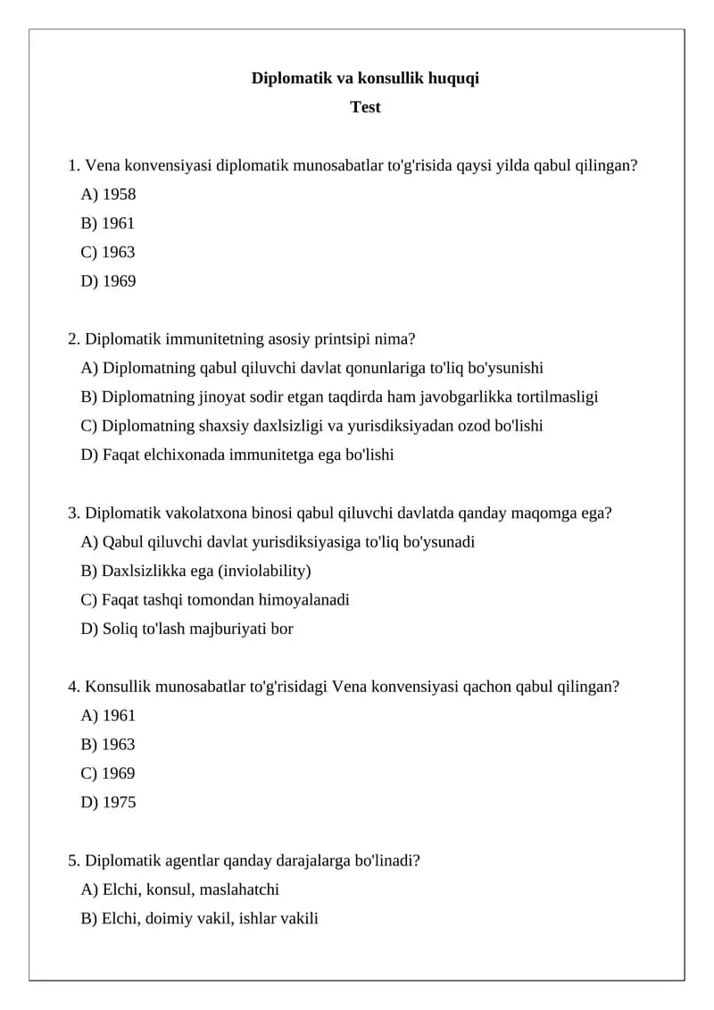 Diplomatik va konsullik huquqi test