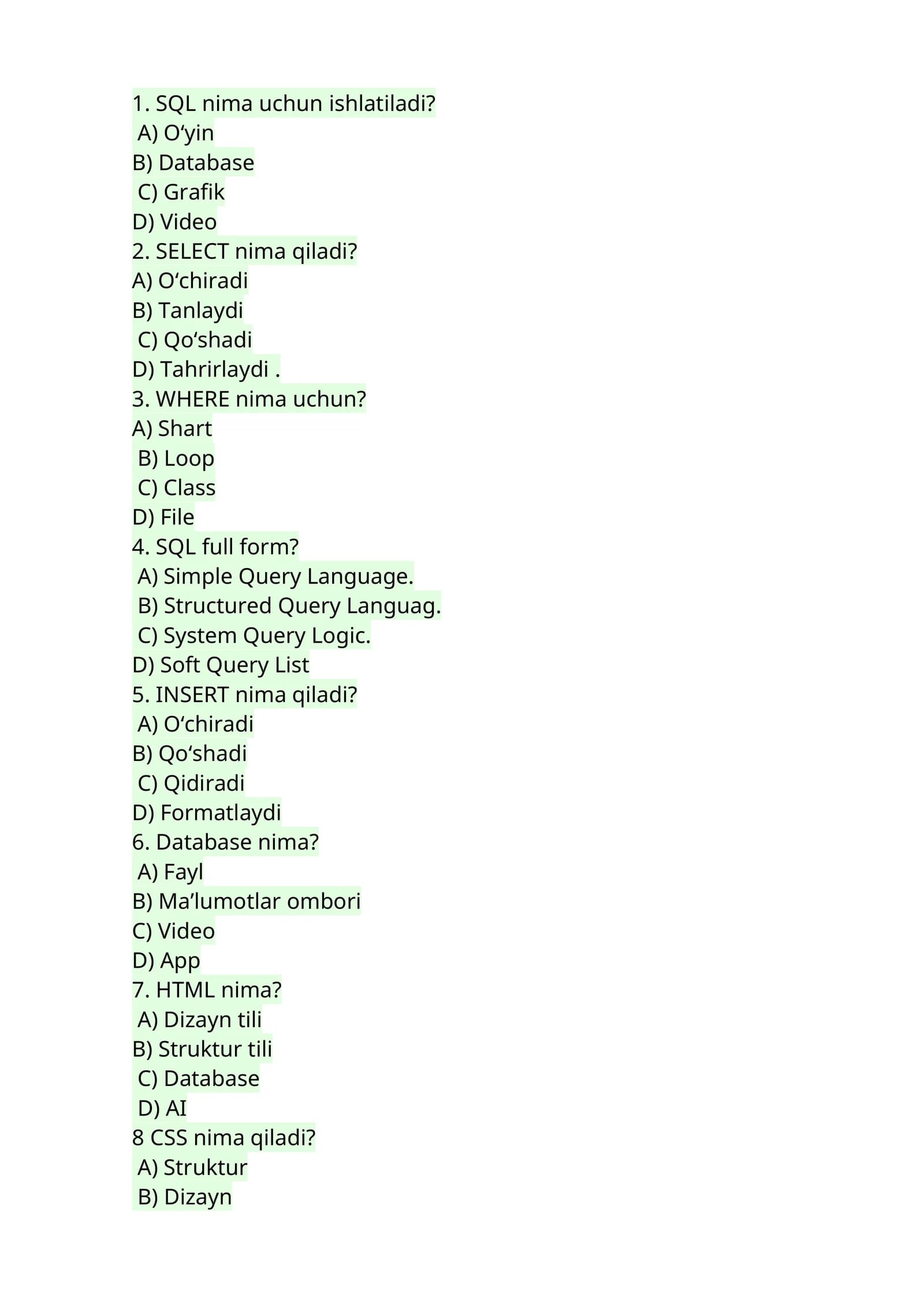 SQL va C++ testlari