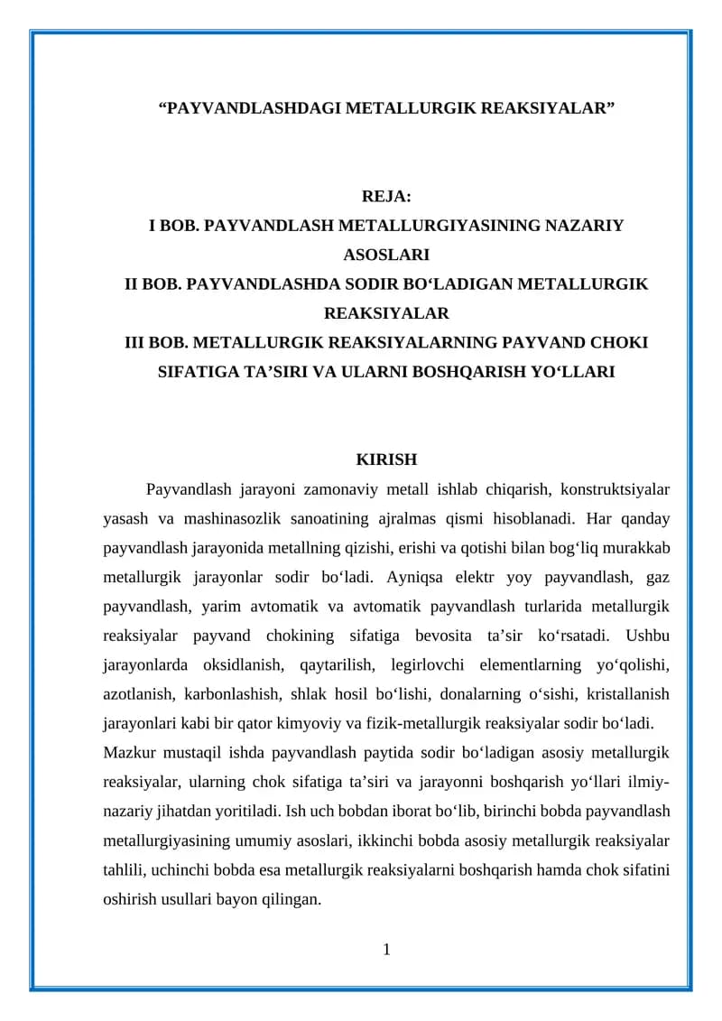 PAYVANDLASHDAGI METALLURGIK REAKSIYALAR
