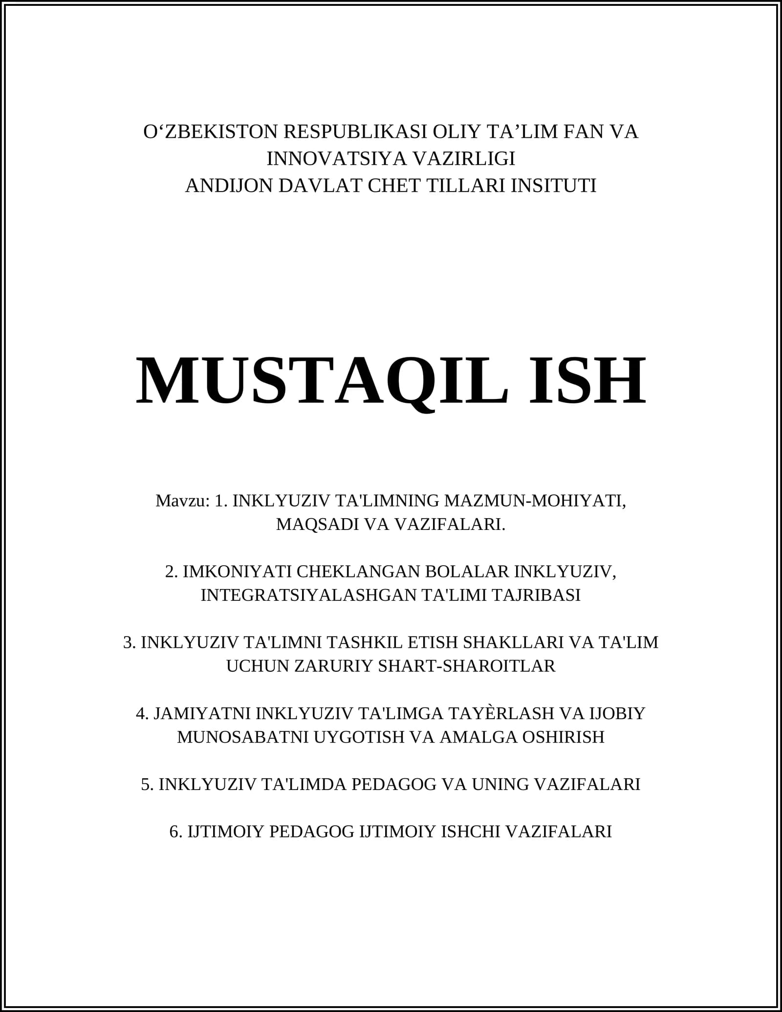 INKLYUZIV TA'LIMNING NAZARIY ASOSLARI