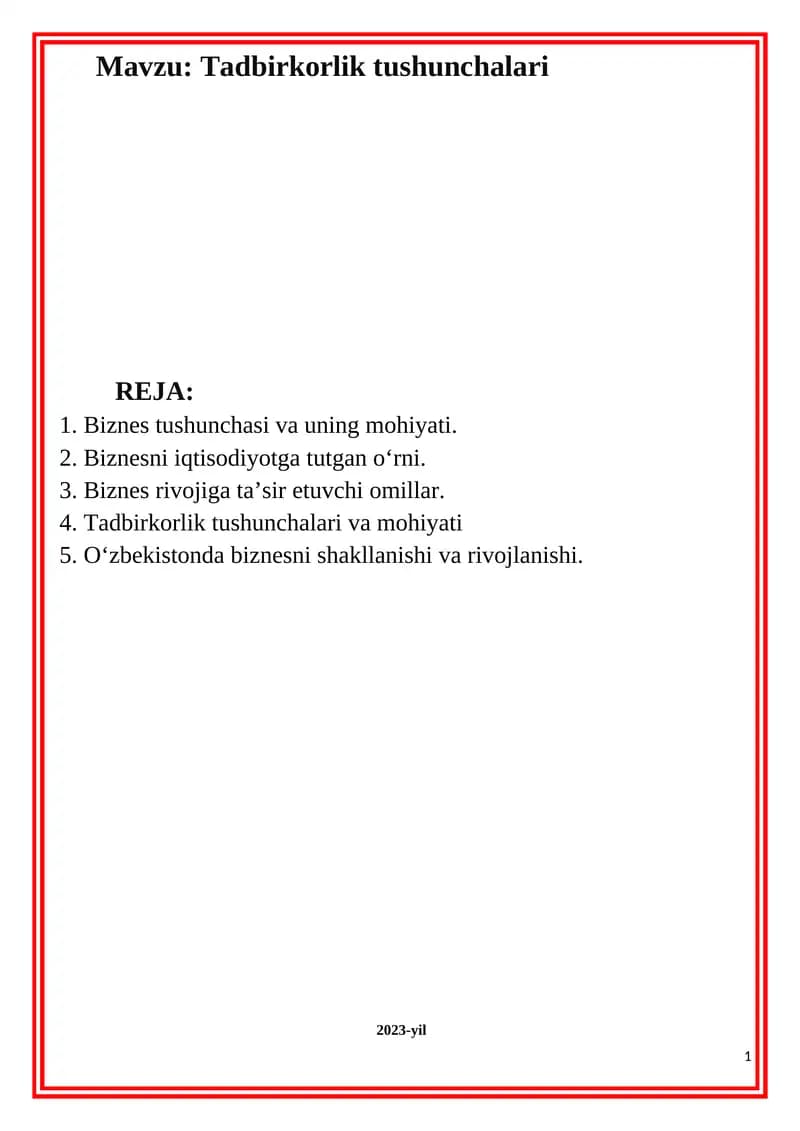 Biznes faoliyati va tadbirkorlik