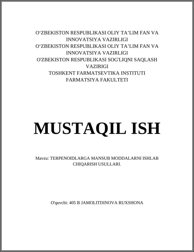 TERPENOIDLARGA MANSUB MODDALARNI ISHLAB CHIQARISH USULLARI