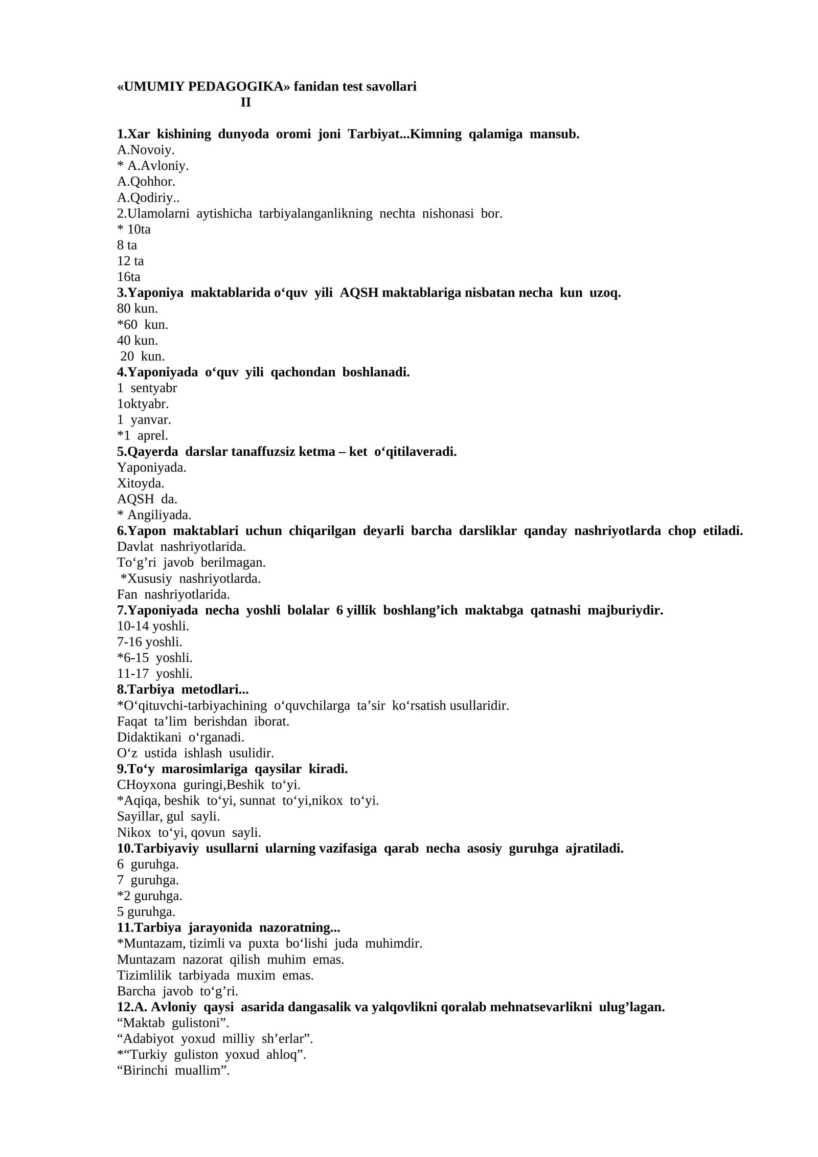 UMUMIY PEDAGOGIKA fanidan test savollari II