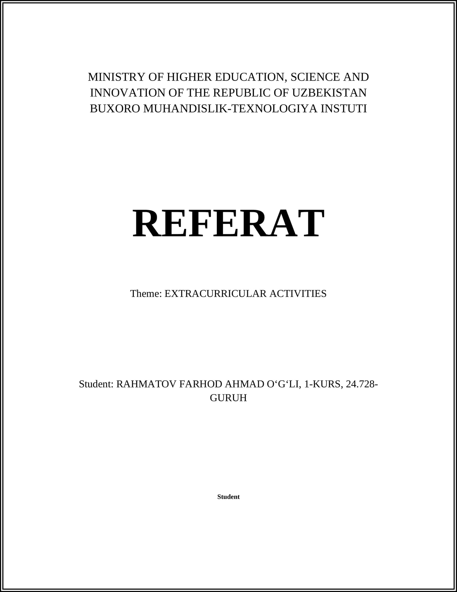 REFERAT Theme: EXTRACURRICULAR ACTIVITIES