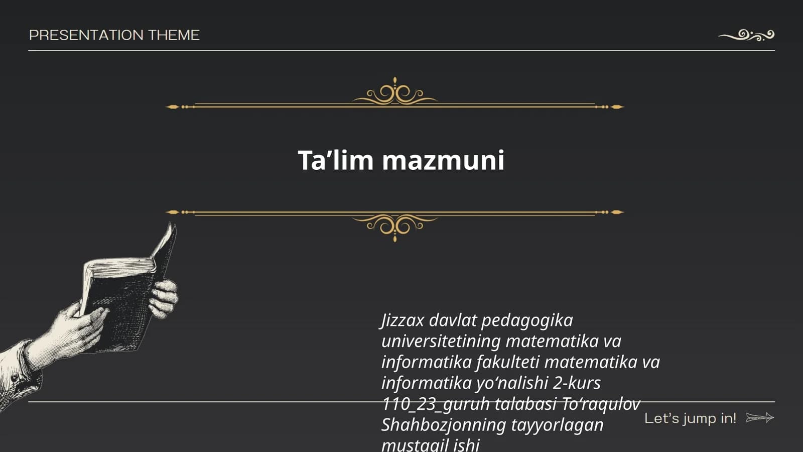 Toʻraqulov Shahbozjonning tayyorlagan mustaqil ishi