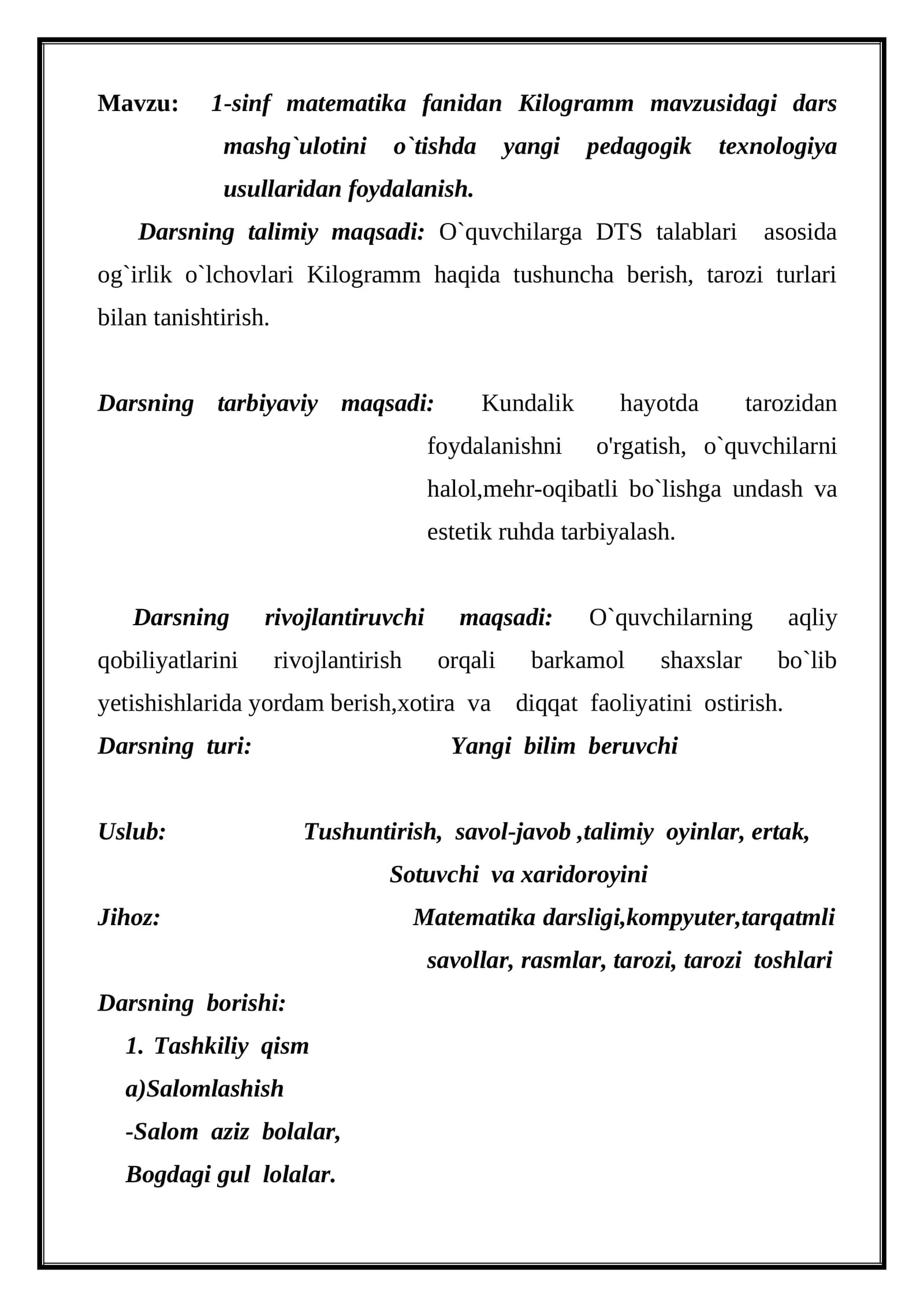 1-sinf matematika fanidan Kilogramm mavzusidagi dars mashg`uloti