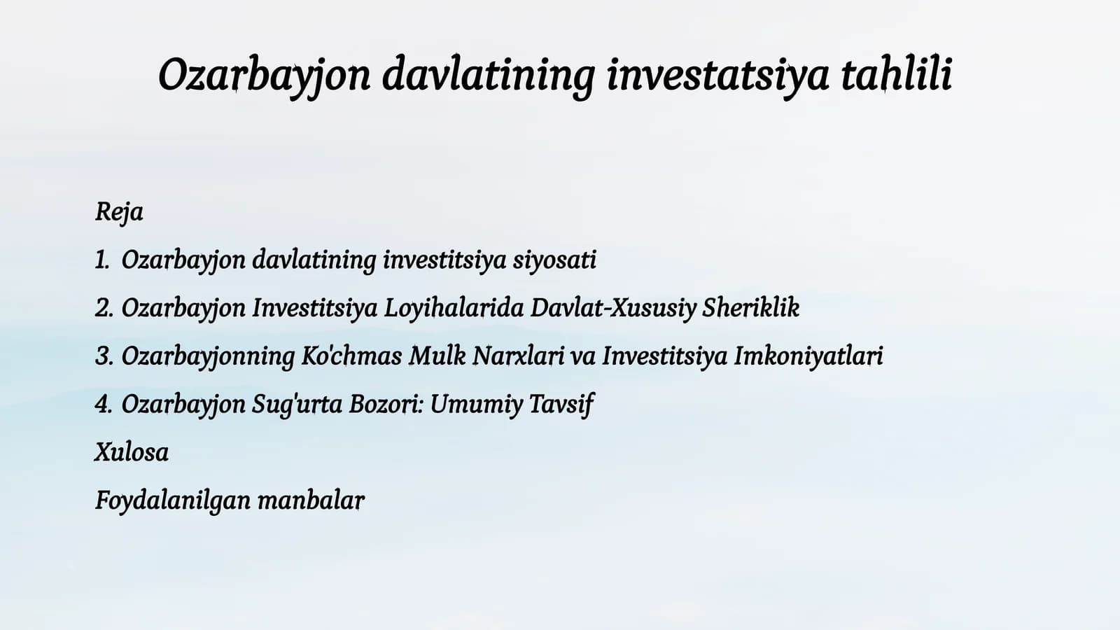 Ozarbayjon davlatining investatsiya tahlili