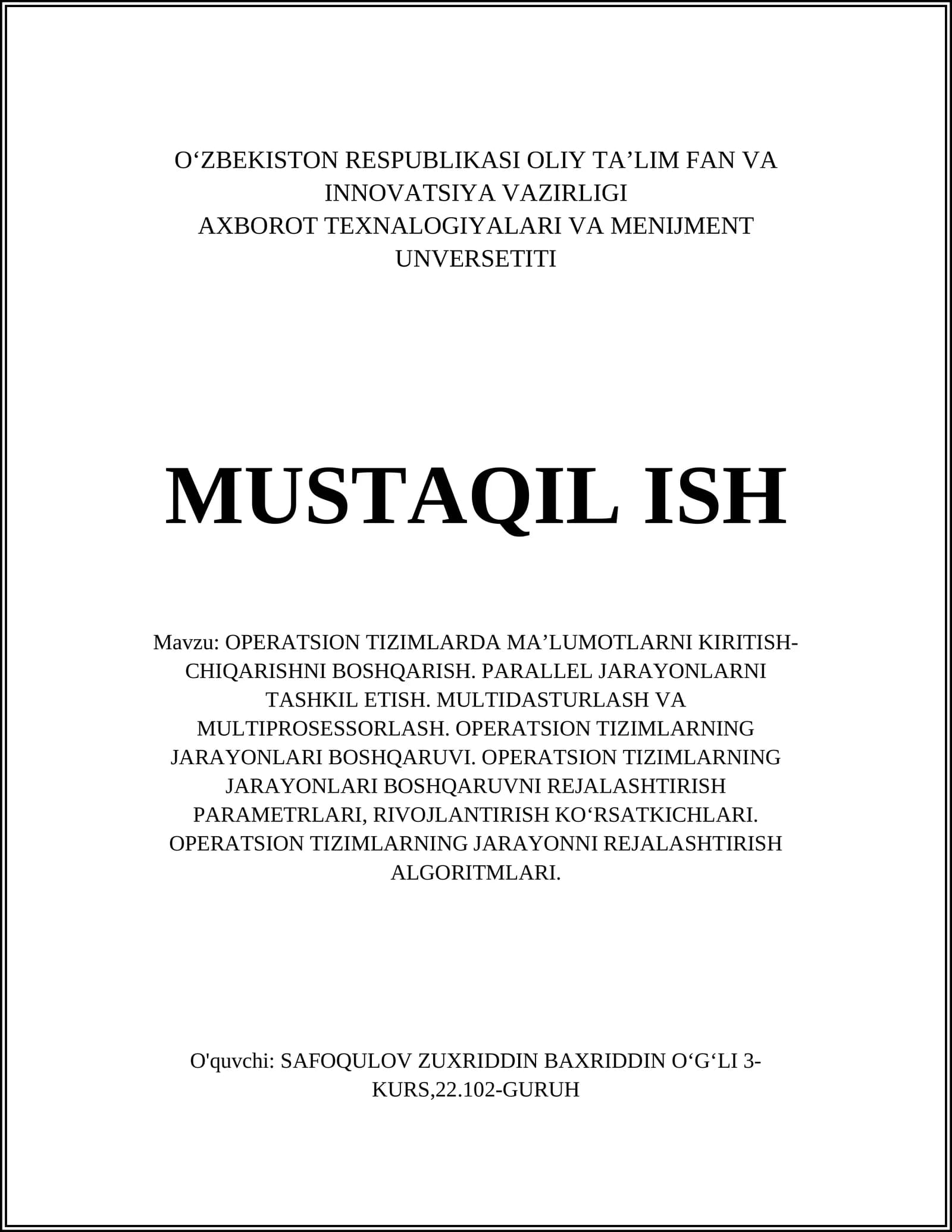 OPERATSION TIZIMLARDA MA’LUMOTLARNI KIRITISH-CHIQARISHNI BOSHQARISH