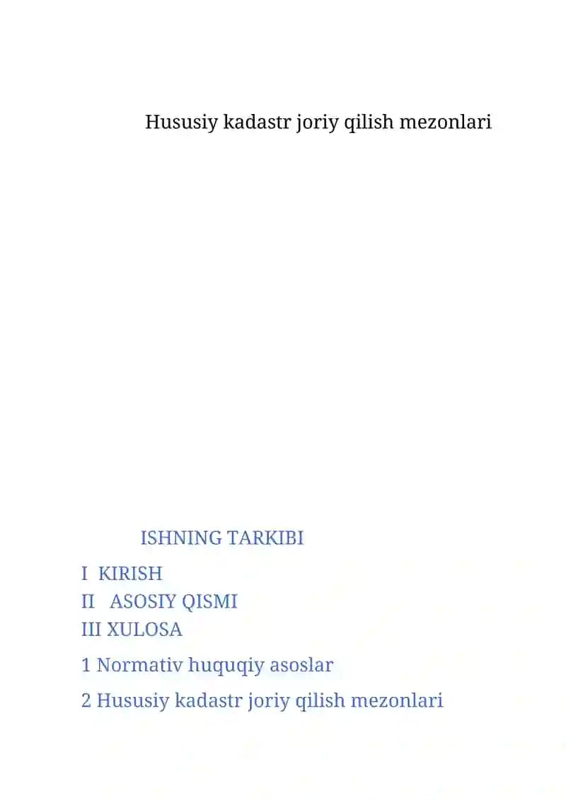 Hususiy kadastr joriy qilish mezonlari