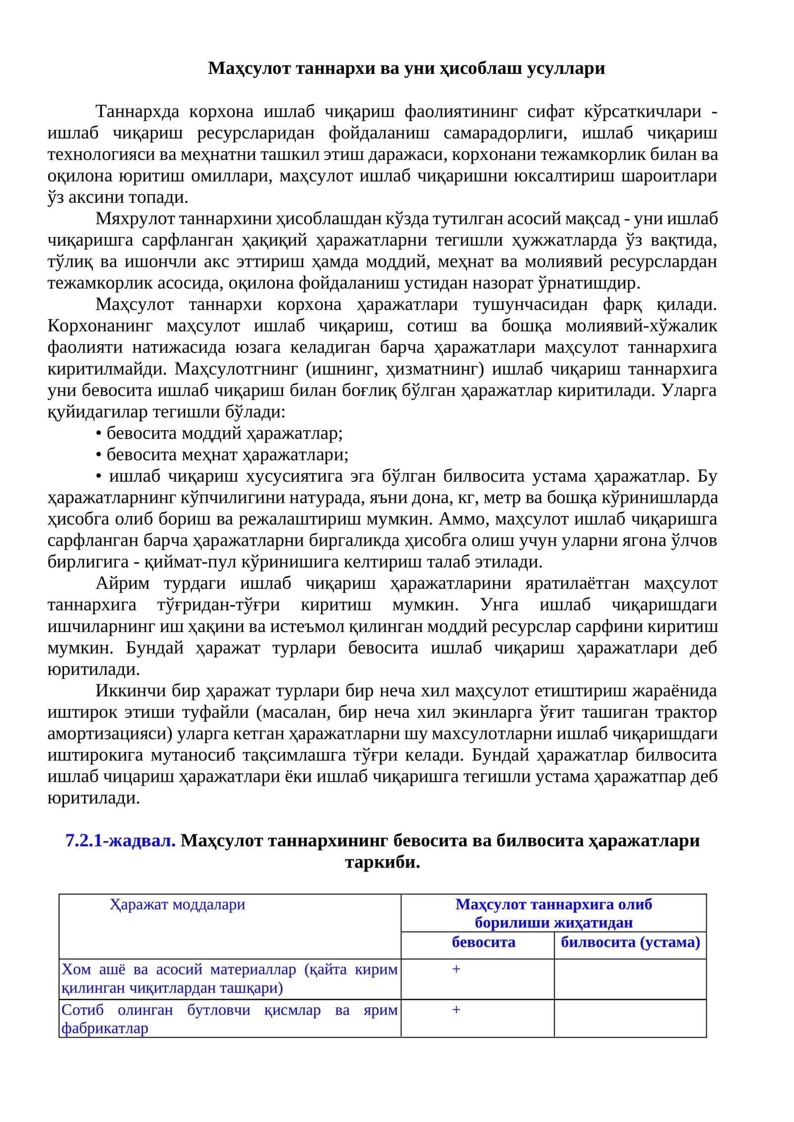 Маҳсулот таннархи ва уни ҳисоблаш усуллари