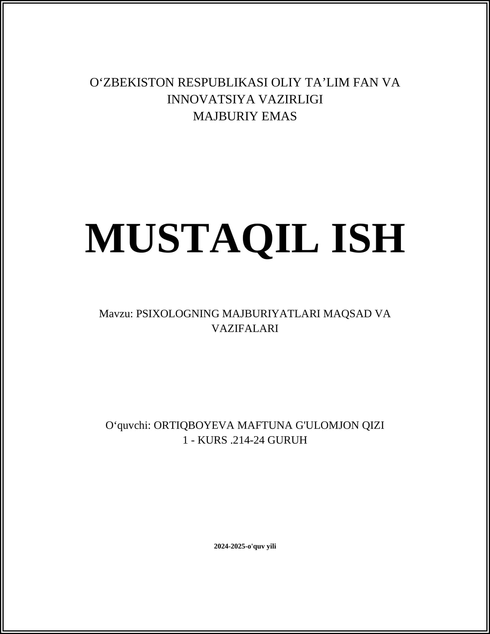 Psixologning majburiyatlari maqsad va vazifalari