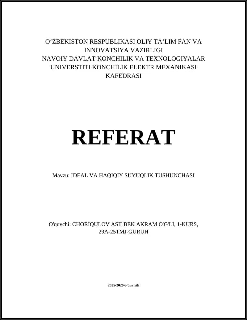 Ideal va Haqiqiy Suyuqlik Tushunchasi