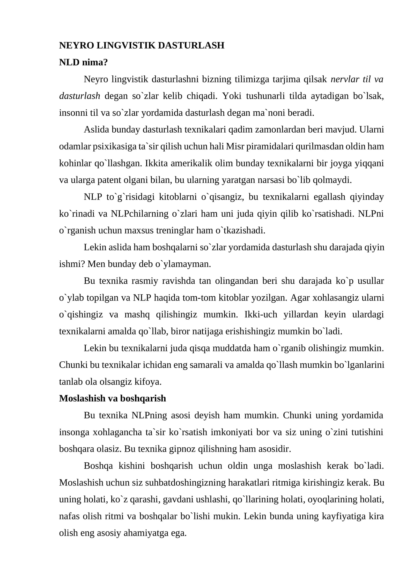 NEYRO LINGVISTIK DASTURLASH