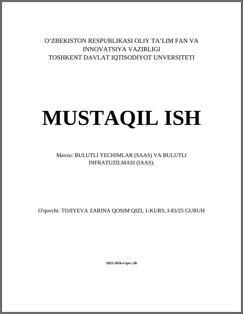 Bulutli Yechimlar (SaaS) va Bulutli Infratuzilmasi (IAAS)