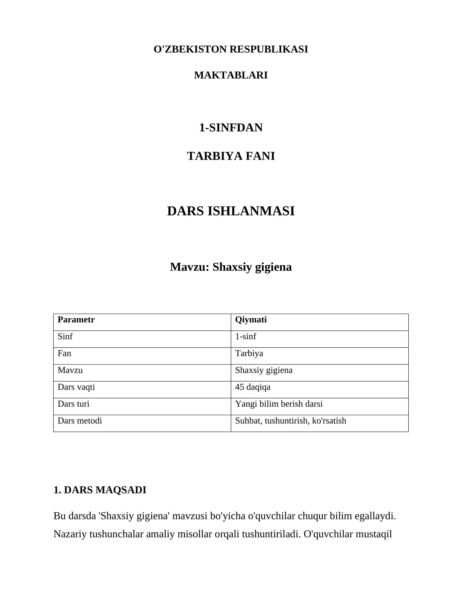 Shaxsiy gigiena Dars Ishlanmasi