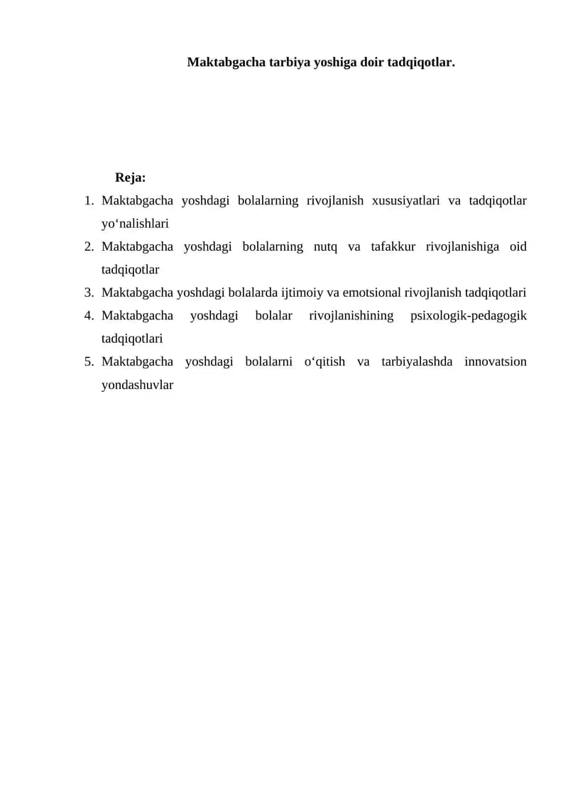 Maktabgacha tarbiya yoshiga doir tadqiqotlar