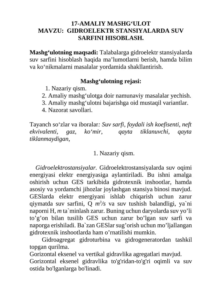 GIDROELEKTR STANSIYALARDA SUV SARFINI HISOBLASH.