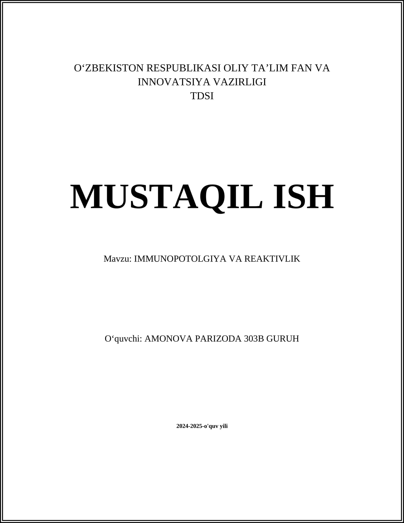 IMMUNOPOTOLGIYA VA REAKTIVLIK