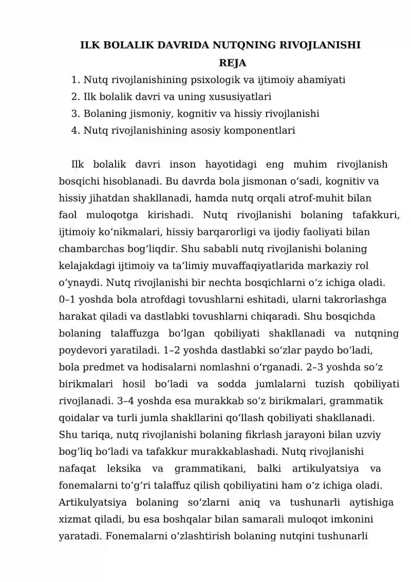 ILK BOLALIK DAVRIDA NUTQNING RIVOJLANISHI