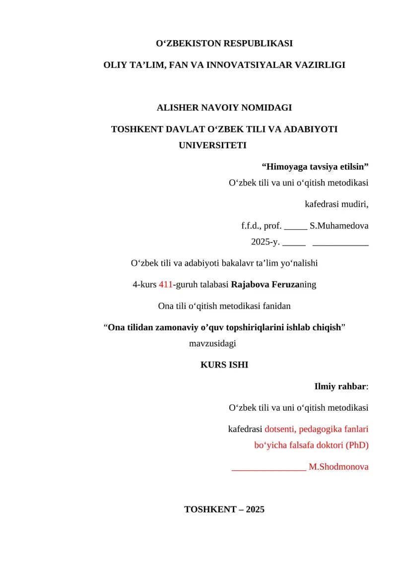 Ona tilidan zamonaviy o’quv topshiriqlarini ishlab chiqish