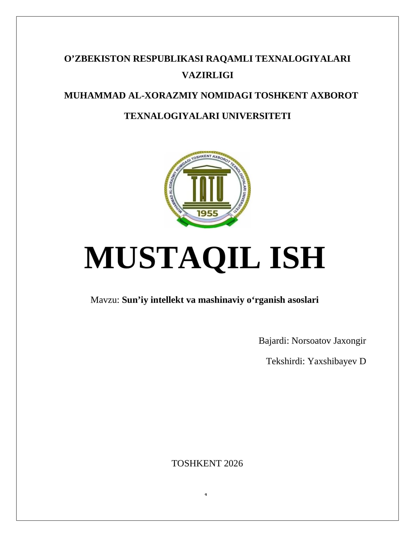 Sun’iy intellekt va mashinaviy o‘rganish asoslari
