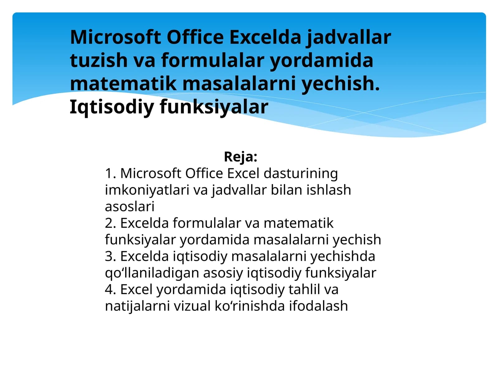 Microsoft Office Exceldajadvallartuzishvaformulalaryordamidamatematikmasalalarniyechish.Iqtisodiyfunksiyalar