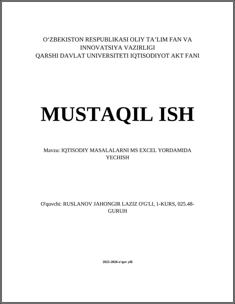 IQTISODIY MASALALARNI MS EXCEL YORDAMIDA YECHISH