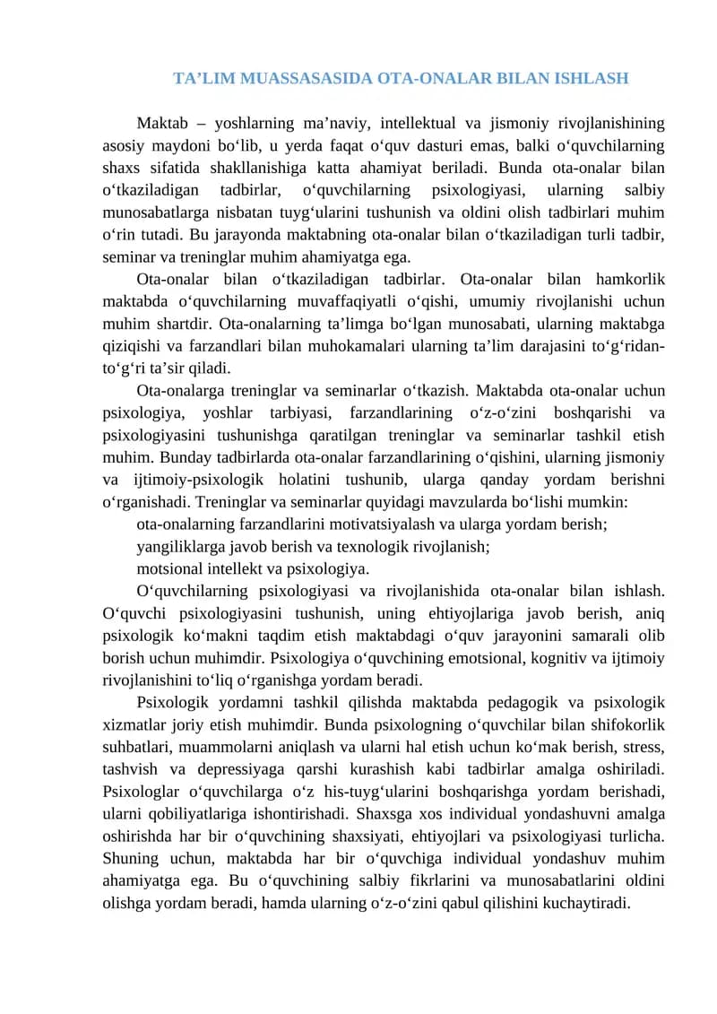 TA’LIM MUASSASASIDA OTA-ONALAR BILAN ISHLASH