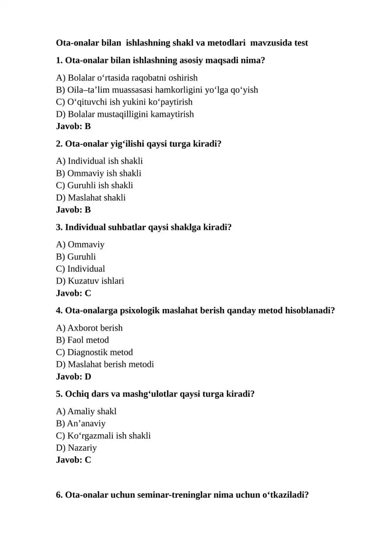 Ota-onalar bilan ishlashning shakl va metodlari test