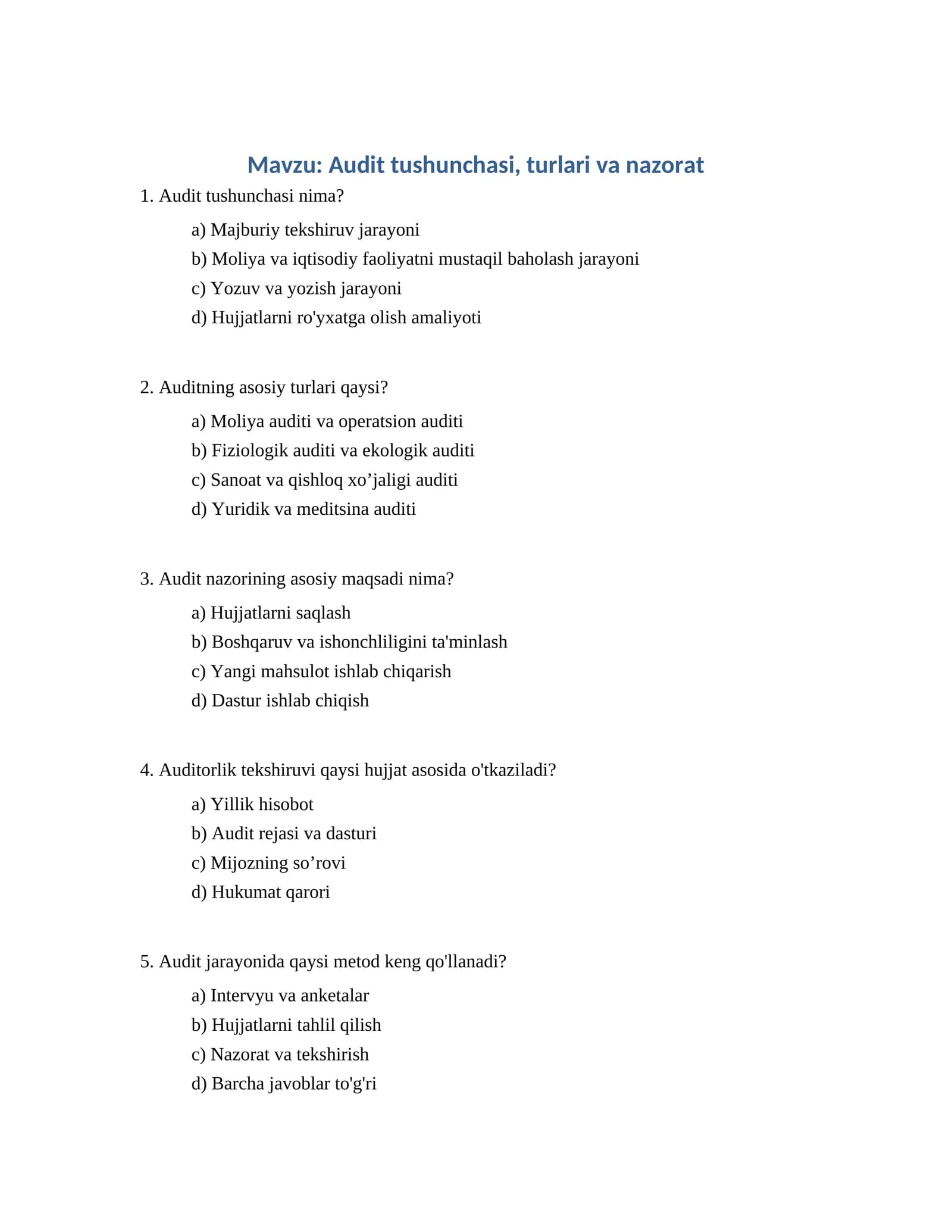 Audit tushunchasi, turlari va nazorat