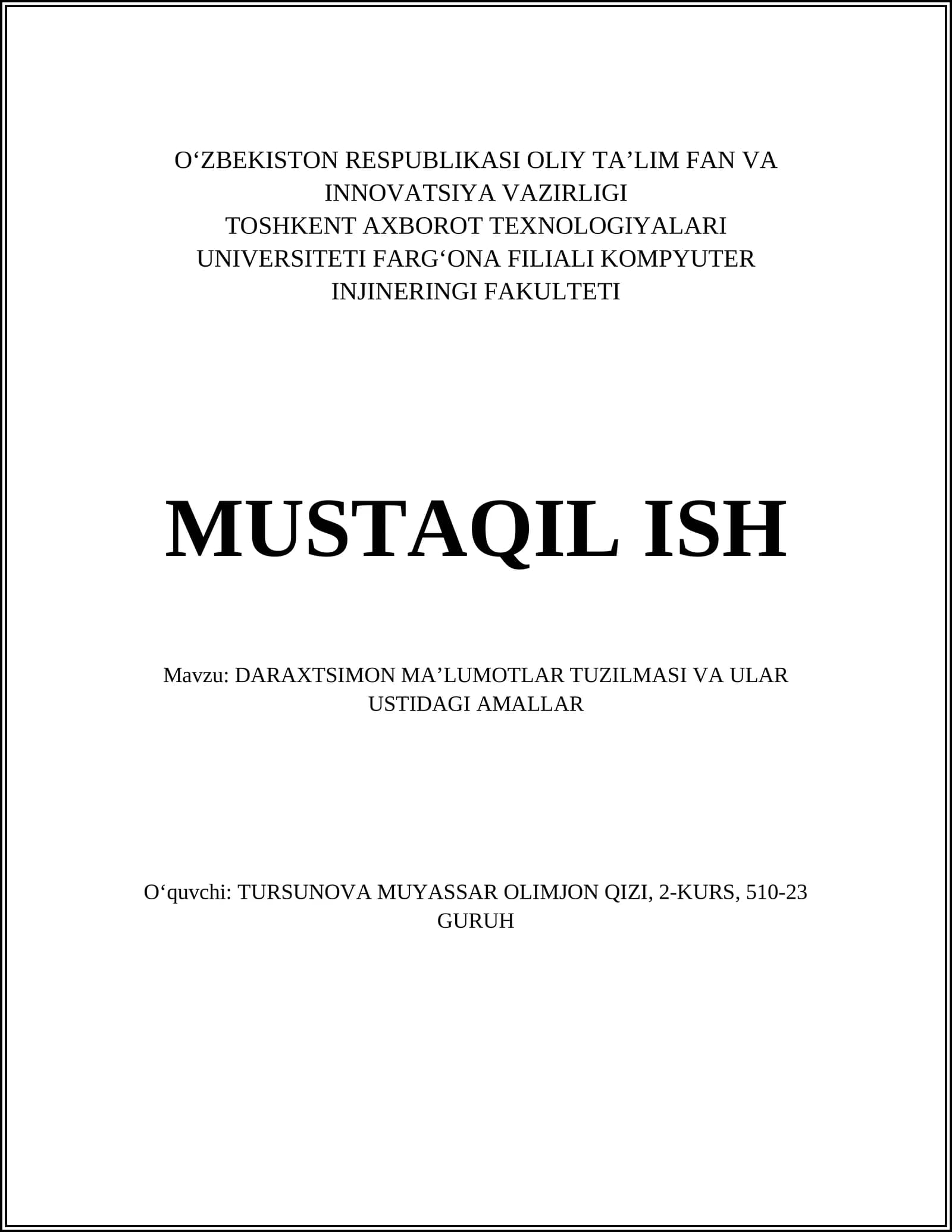 DARAXTSIMON MA’LUMOTLAR TUZILMASI VA ULAR USTIDAGI AMALLAR