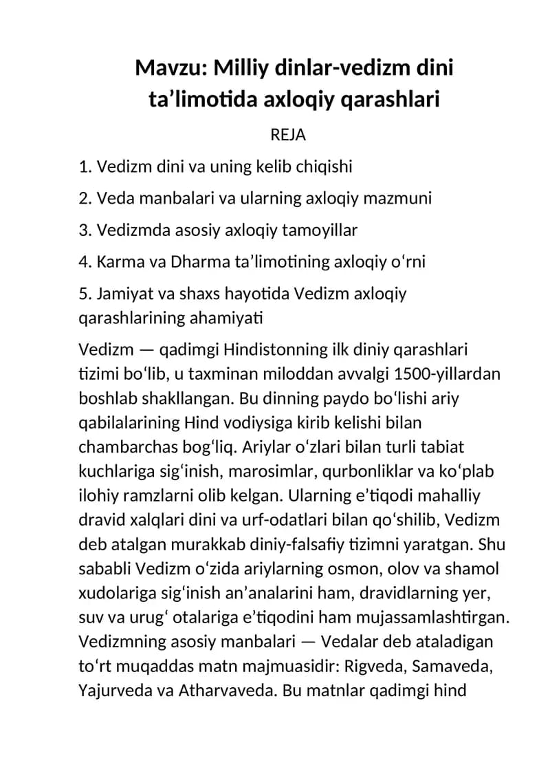 Milliy dinlar-vedizm dini ta’limotida axloqiy qarashlari