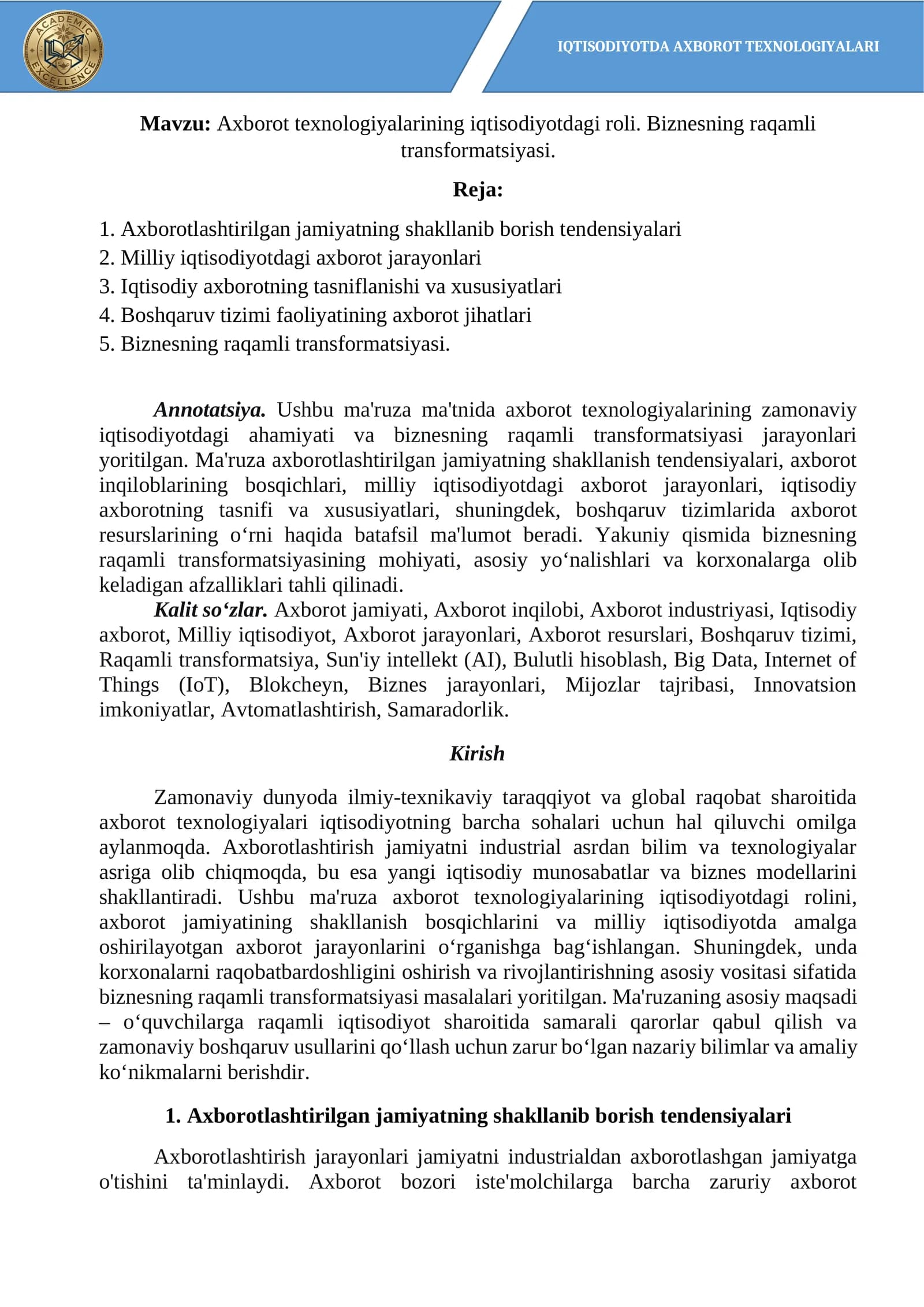 Axborot texnologiyalarining iqtisodiyotdagi roli. Biznesning raqamli transformatsiyasi