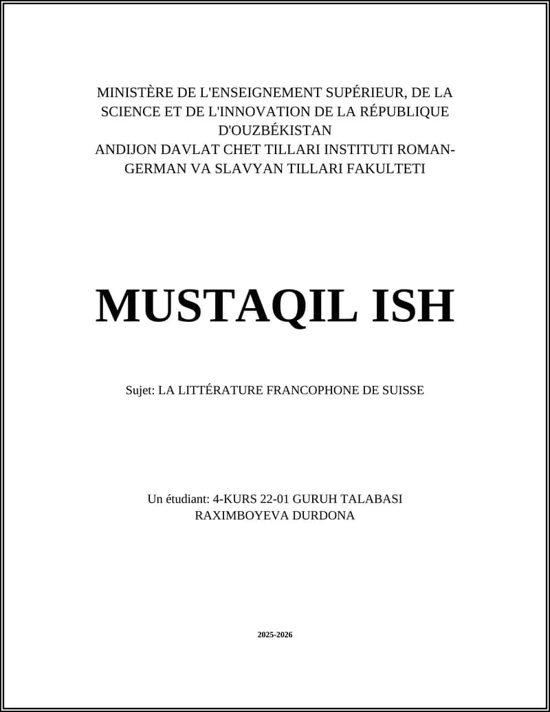 LA LITTÉRATURE FRANCOPHONE DE SUISSE