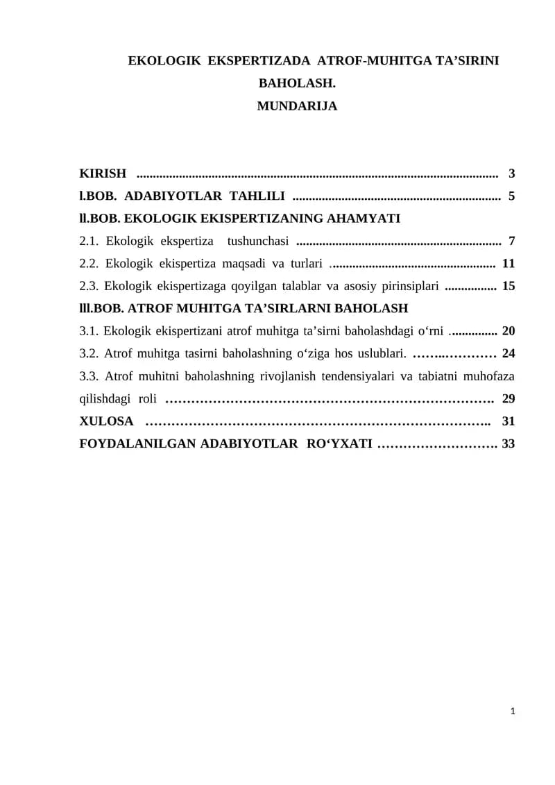 EKOLOGIK EKSPERTIZADA ATROF-MUHITGA TA’SIRINI BAHOLASH