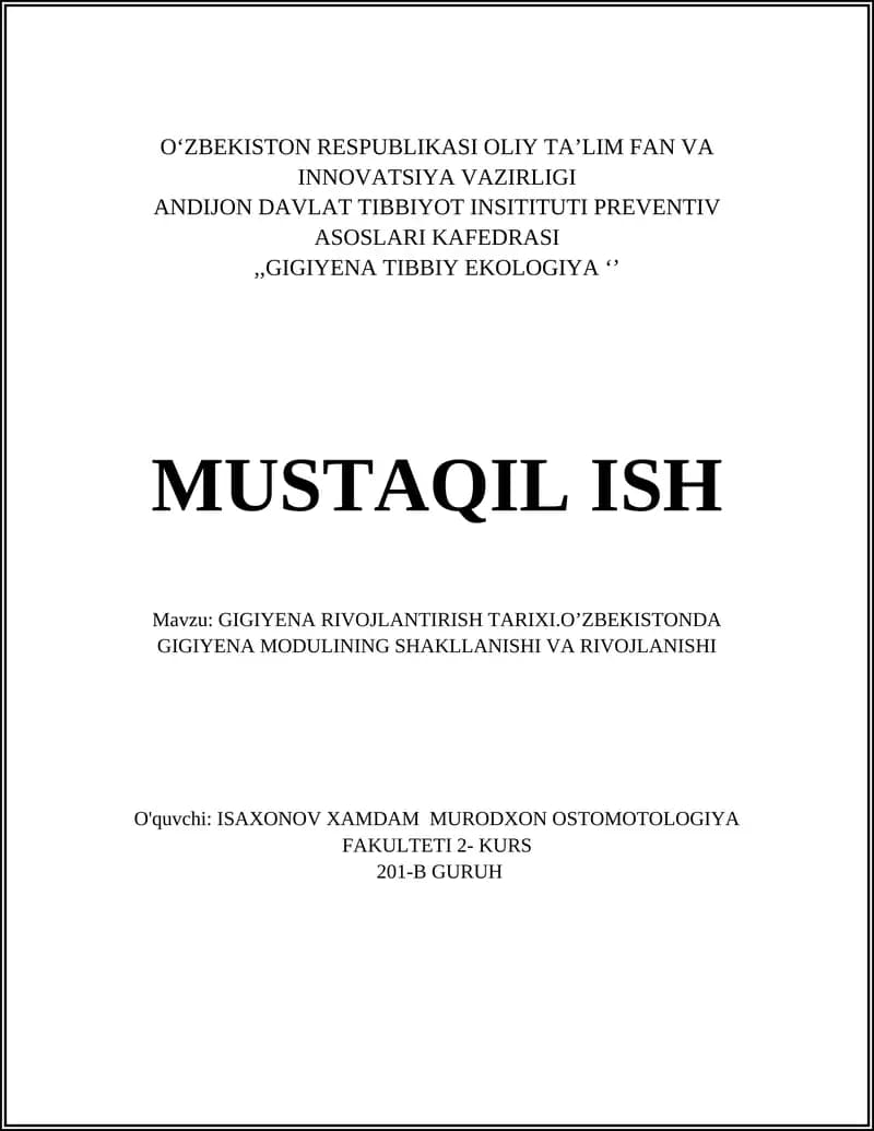 GIGIYENA RIVOJLANTIRISH TARIXI
