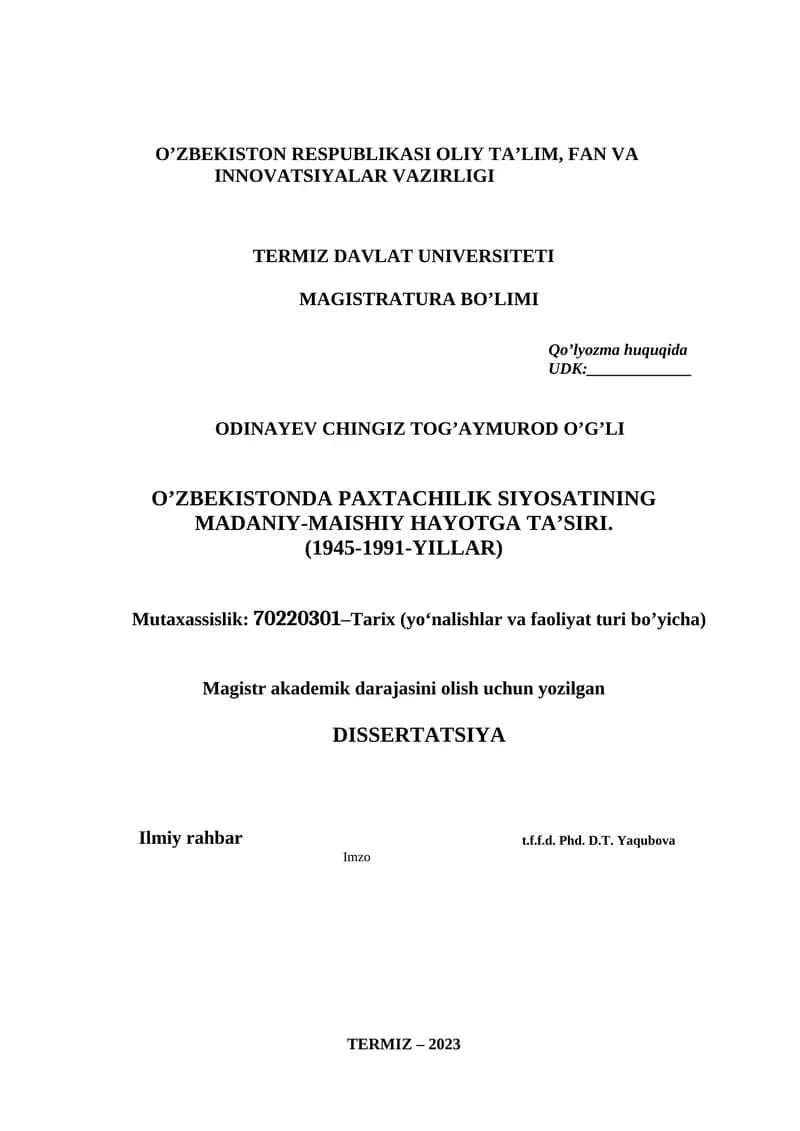 Magistrlik dissertatsiyasi mavzusi Termiz davlat universiteti rektorining 2021-yil ____________sonli buyrug’i asosida tasdiqlangan