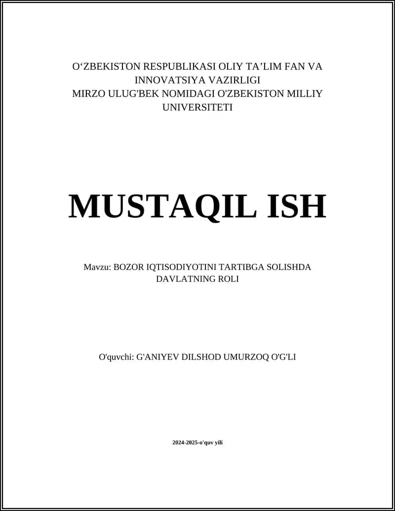 BOZOR IQTISODIYOTINI TARTIBGA SOLISHDA DAVLATNING ROLI