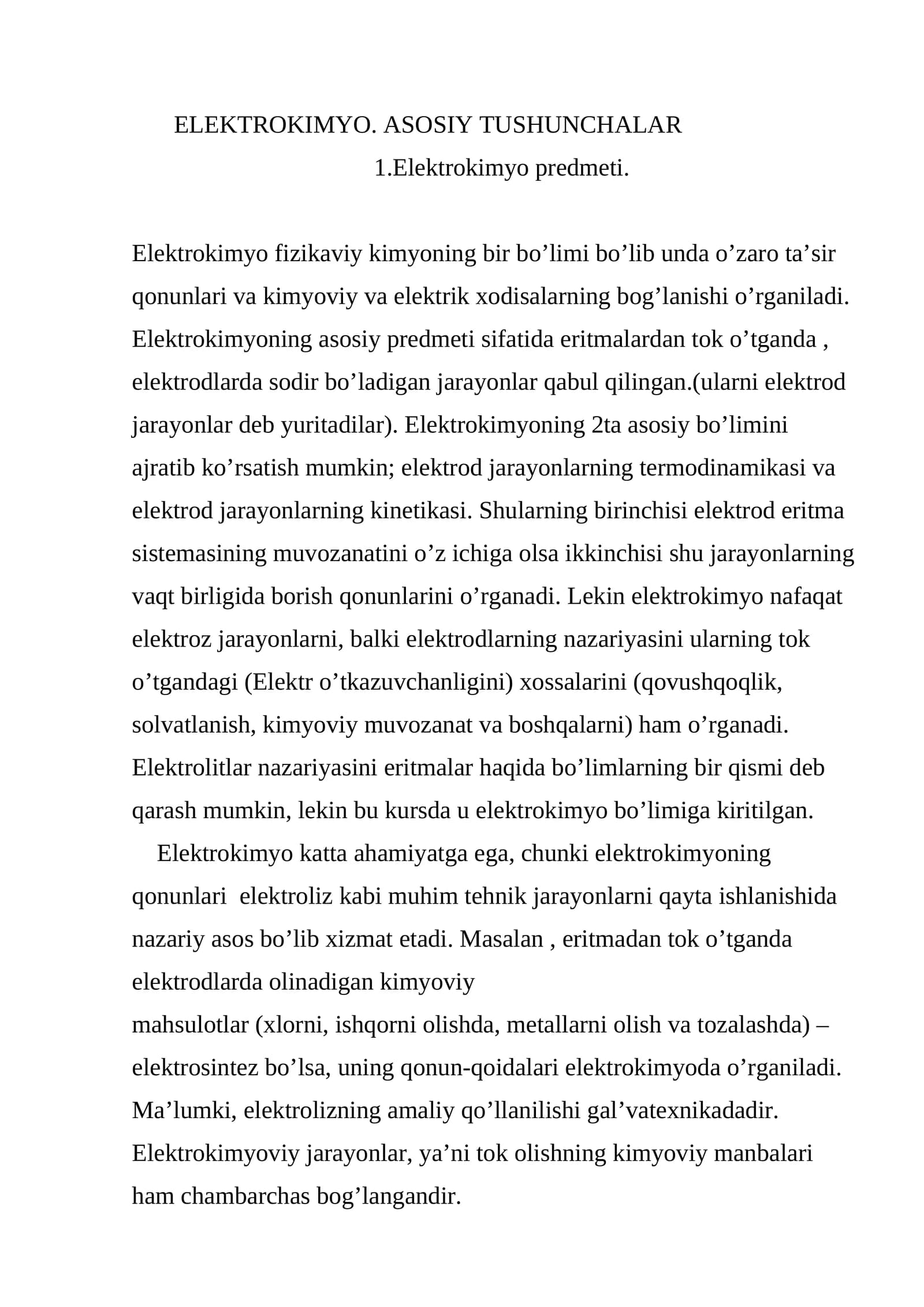 ELEKTROKIMYO. ASOSIY TUSHUNCHALAR