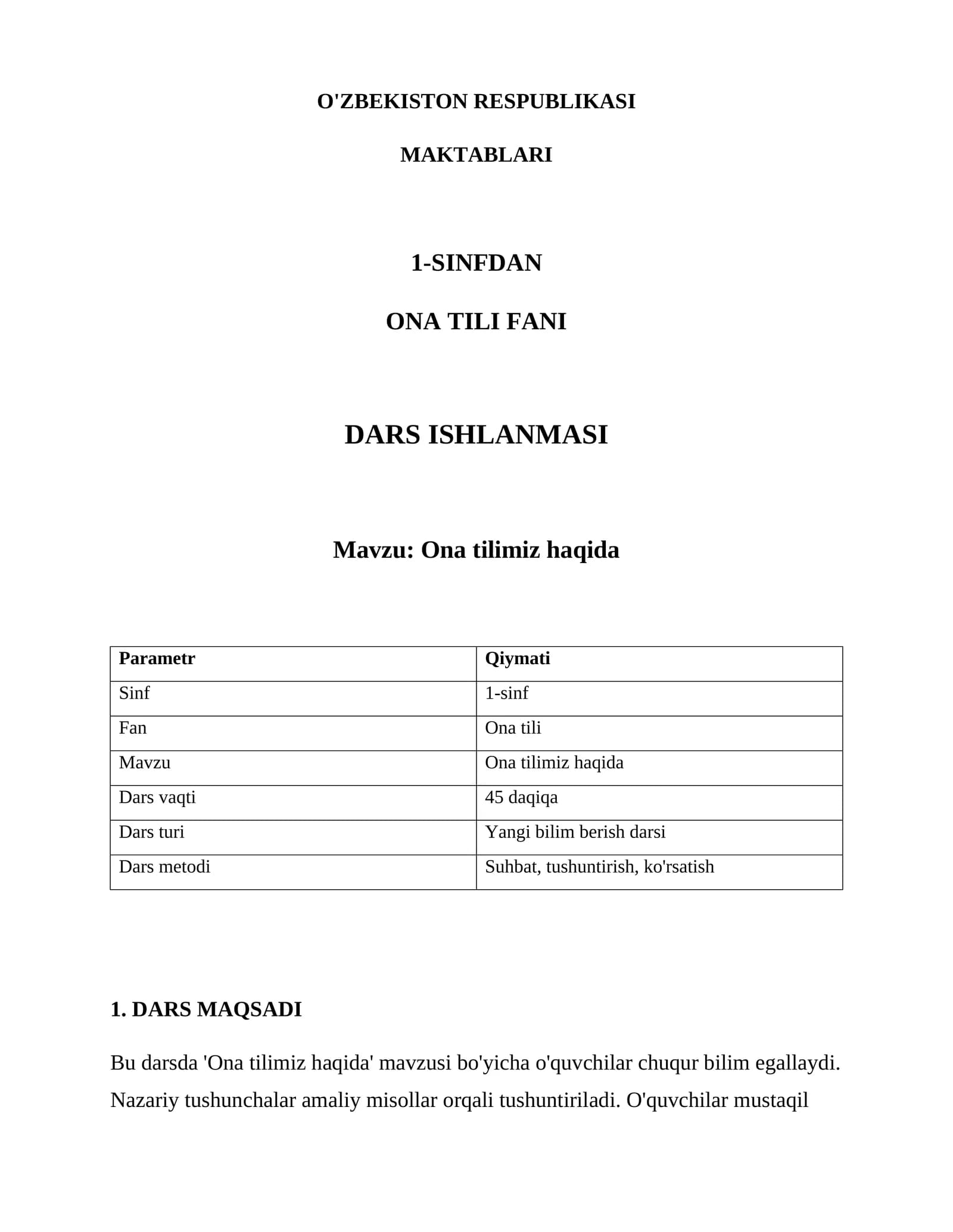 Ona Tili Fan Dars Ishlanmasi