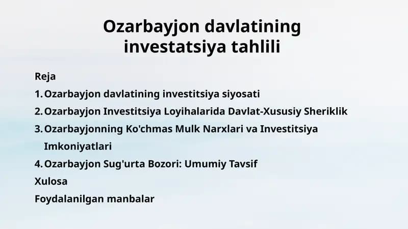 Ozarbayjon davlatining investitsiyasiy siyosati