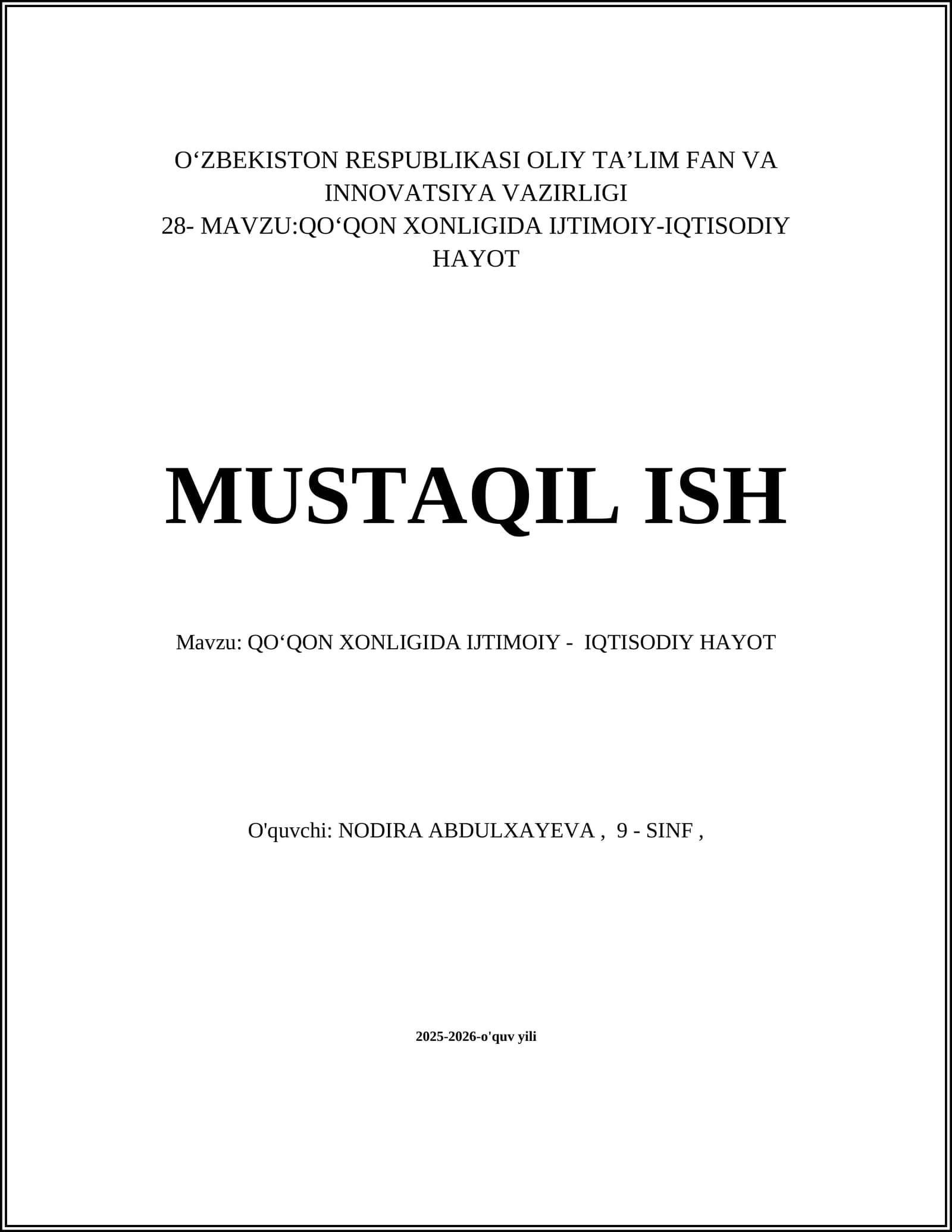 QOʻQON XONLIGIDA IJTIMOIY-IQTISODIY HAYOT