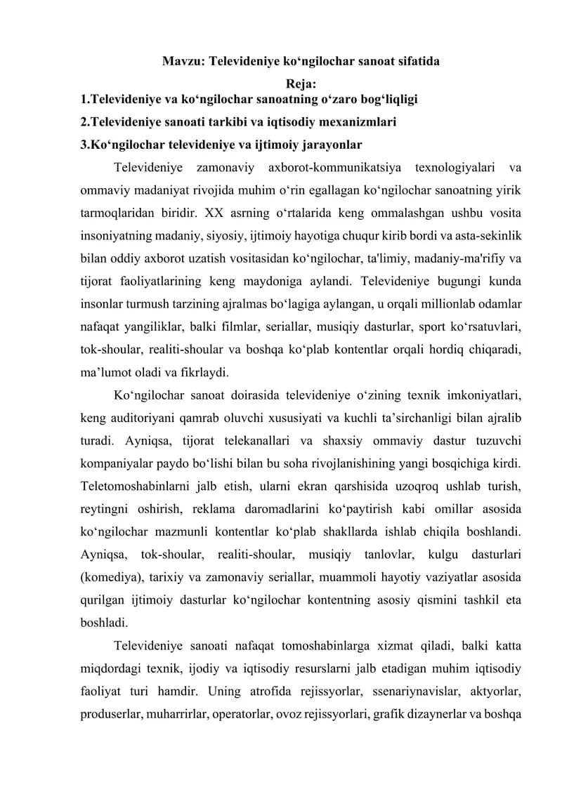 Televideniye ko‘ngilochar sanoat sifatida