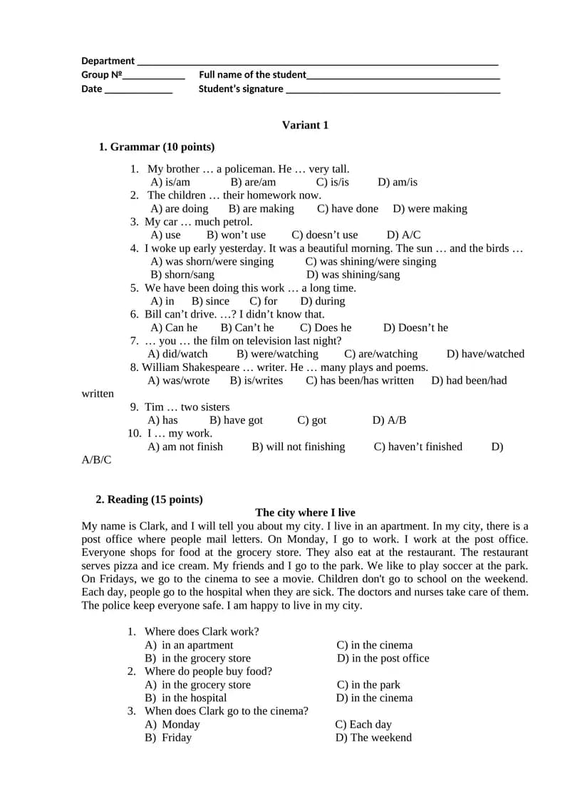 Variant 1 Grammar Questions