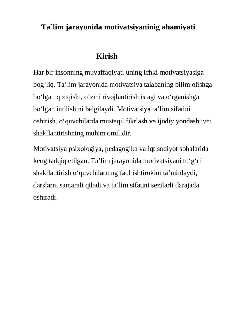 Ta'lim jarayonida motivatsiyaning ahamiyati