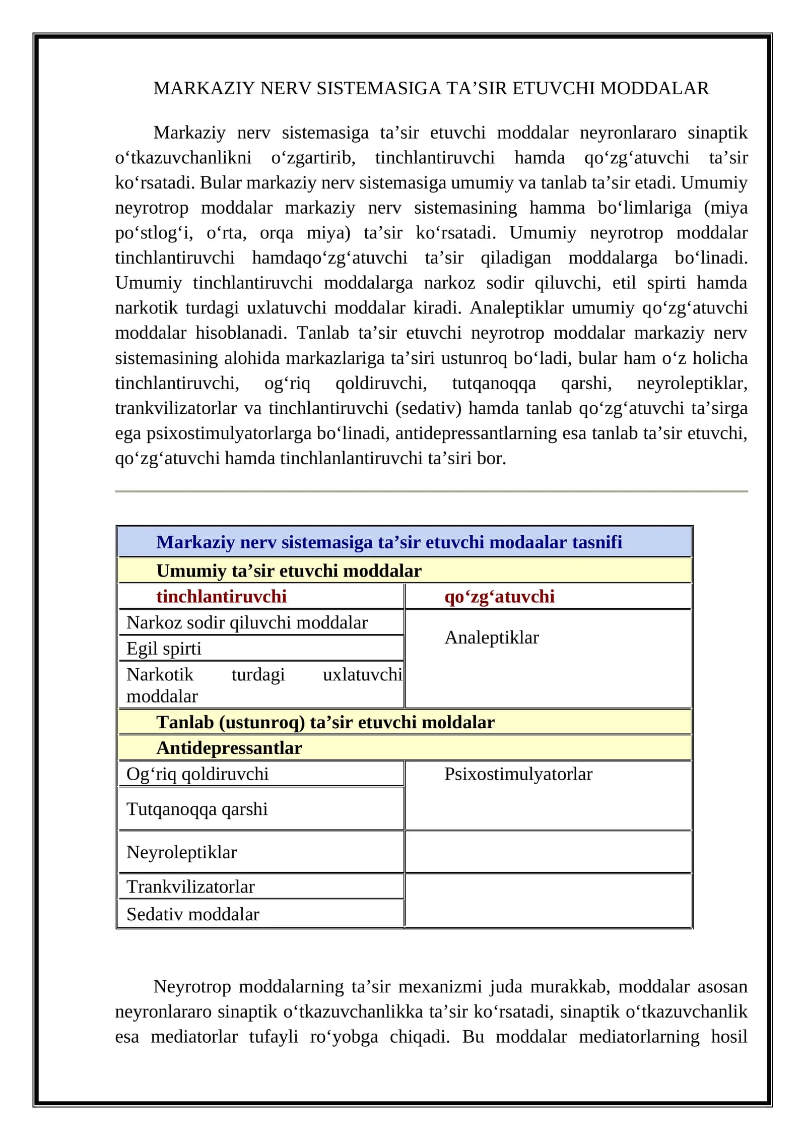MARKAZIY NERV SISTEMASIGA TA’SIR ETUVCHI MODDALAR