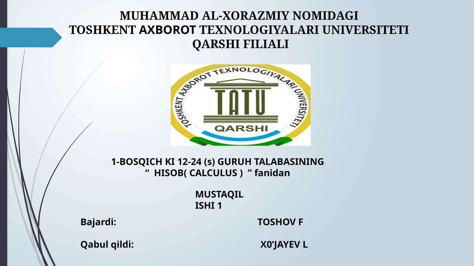 HISOB( CALCULUS ) fanidan MUSTAQIL ISHI